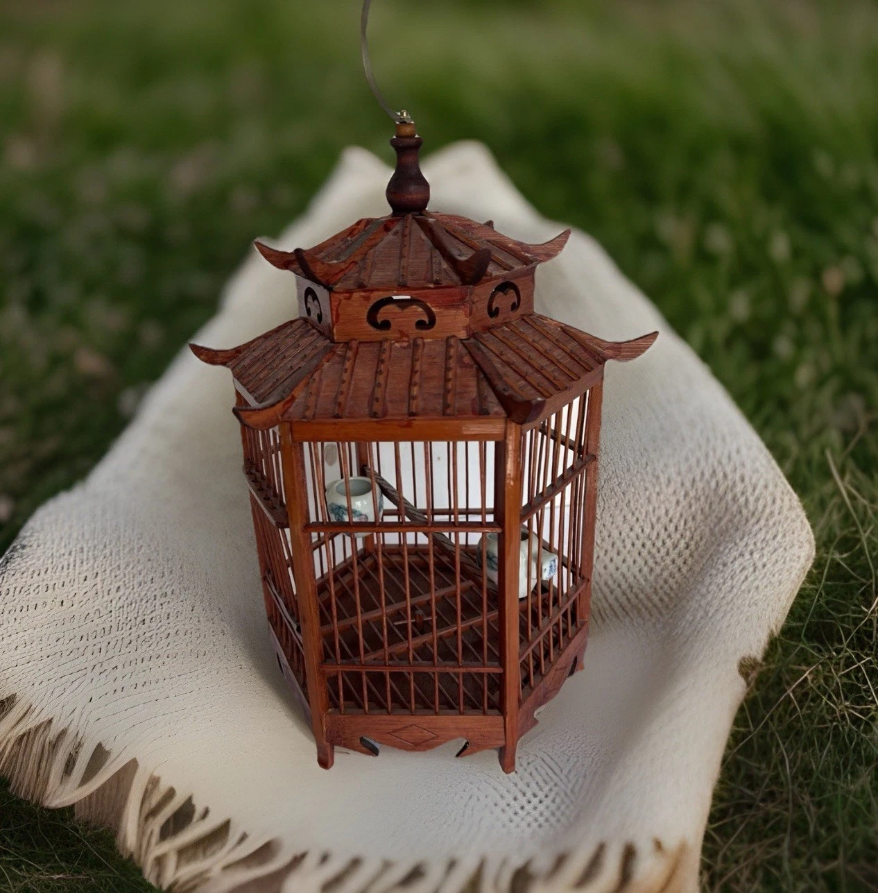Chinese Bamboo Carving Hexagon Bird Cage Ceramic Feeders Decor