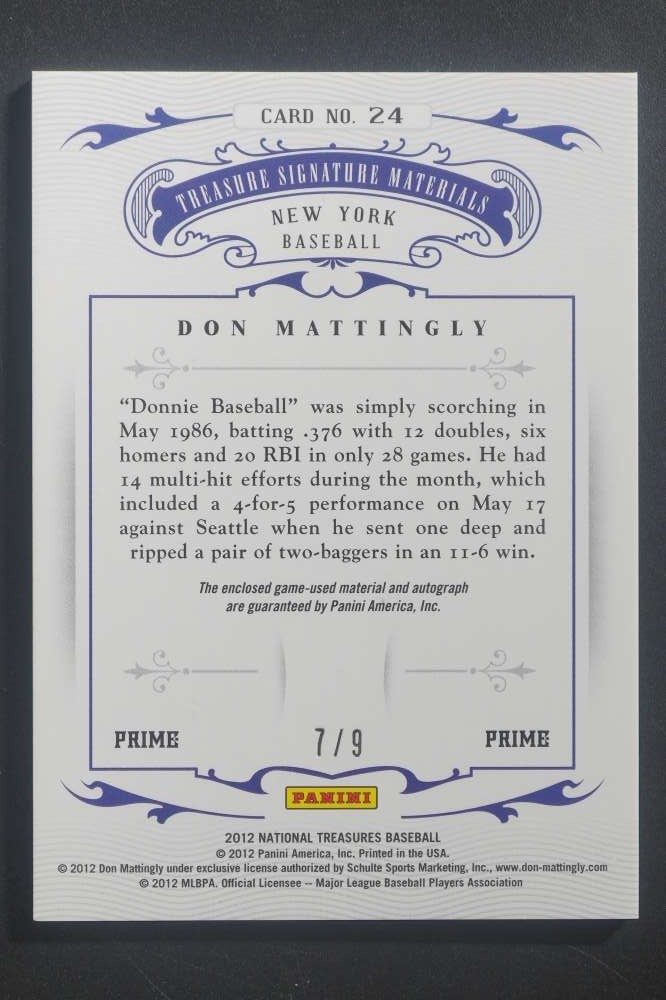 2012 Panini National Treasures Don Mattingly Laundry Tag Relic Auto /9 DZ2862 view 2