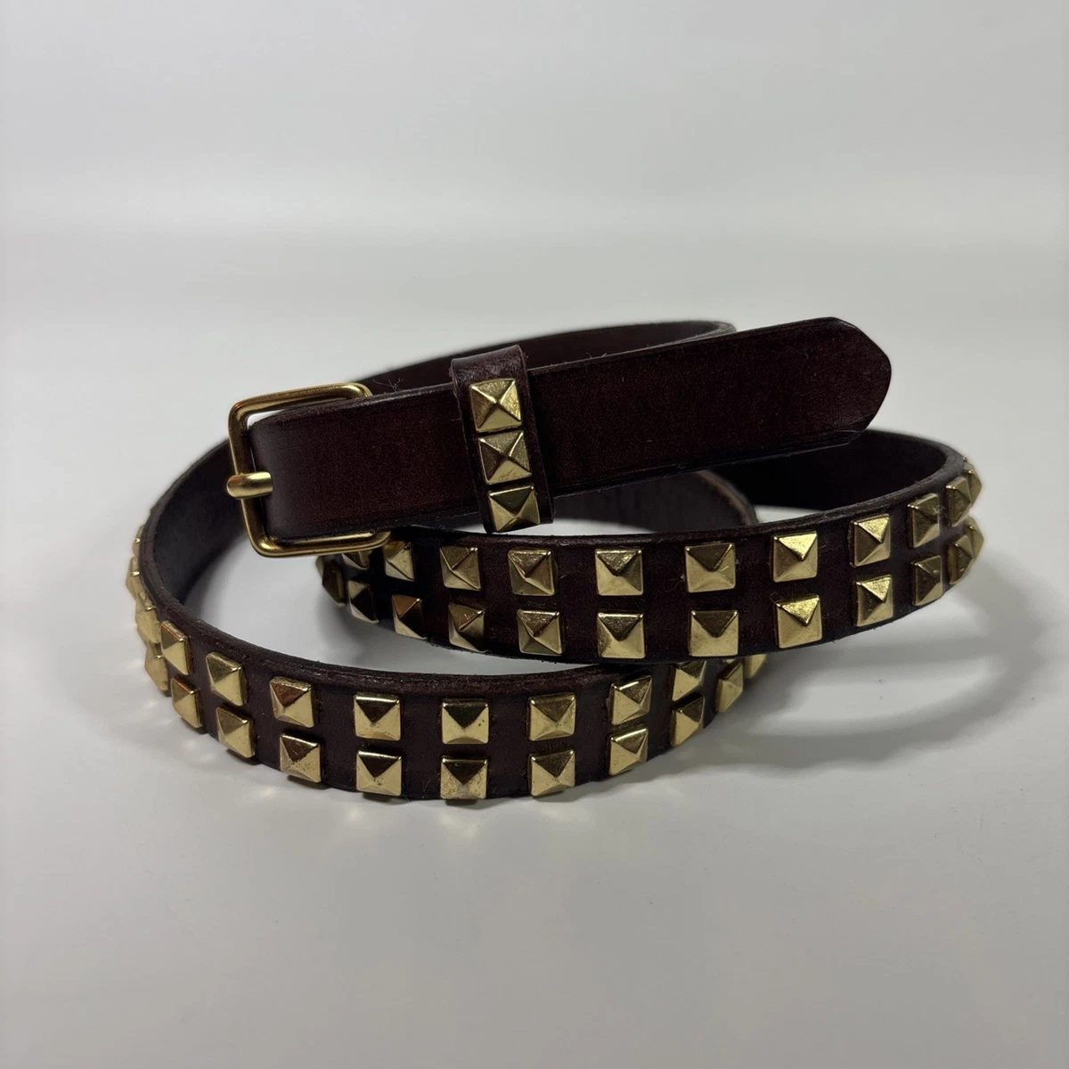 Linea Pelle Gold Leather with Silver Studs 33.5in x 1.5in Linea Pelle Leather Silver Belts for Women for sale | eBay main image 3
