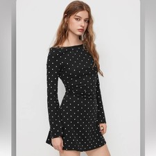 Cider COTTON-BLEND BOAT NECK POLKA DOT RUCHED BELL SLEEVE MINI DRESS M AR3-18
