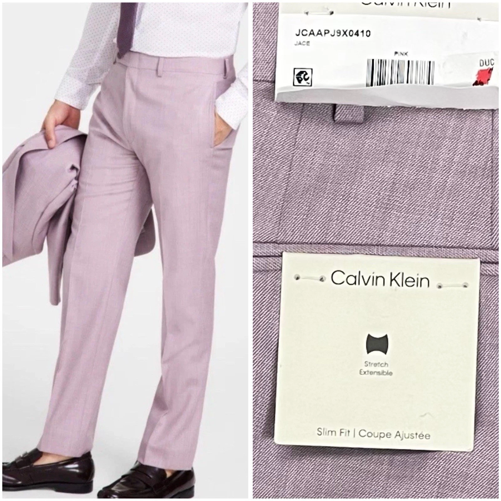 Calvin Klein Mens Slim fit Dress Pants 42/30 Pink Solid Wool Blend New NWT