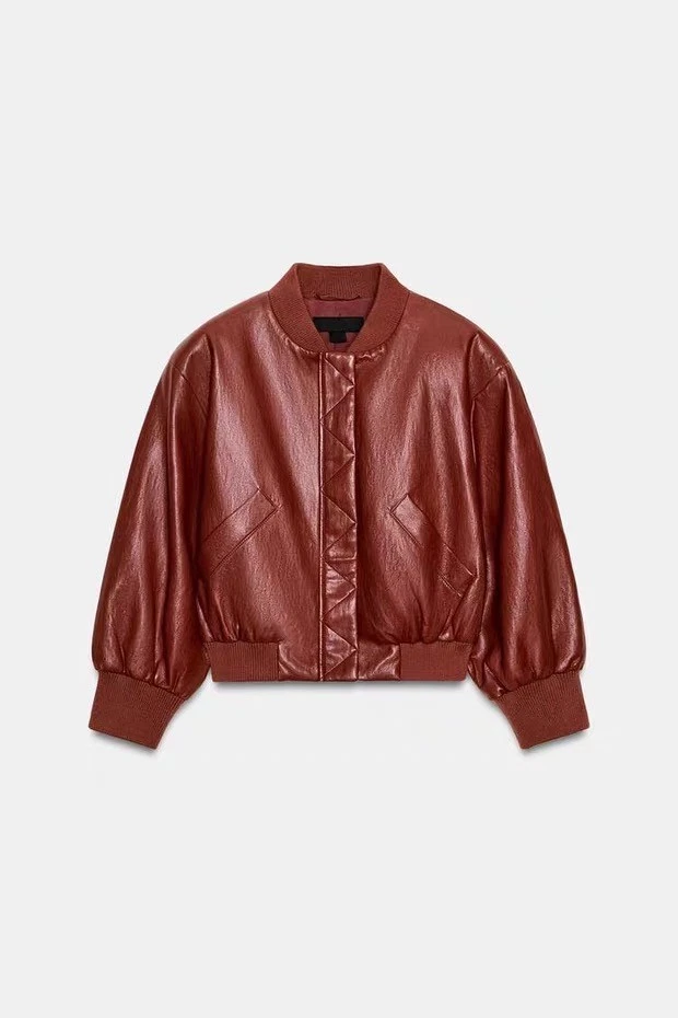 ZARA NEW WOMAN FAUX LEATHER SHOULDER PAD BOMBER JACKET BRICK XS-L 3046/068/701