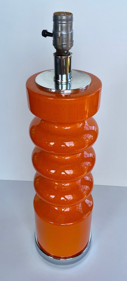 Vintage 1960s ORANGE Ceramic Table LAMP CRACKLE Glaze Ribbed Mid Century Modern