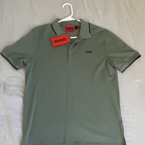 HUGO Men's Slim Fit Green Polo Shirt S Short Sleeve 3-Button Logo Trim