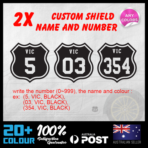 2x Custom Shield Name Number Vinyl Lettering Decals 75mm Height Racing ...