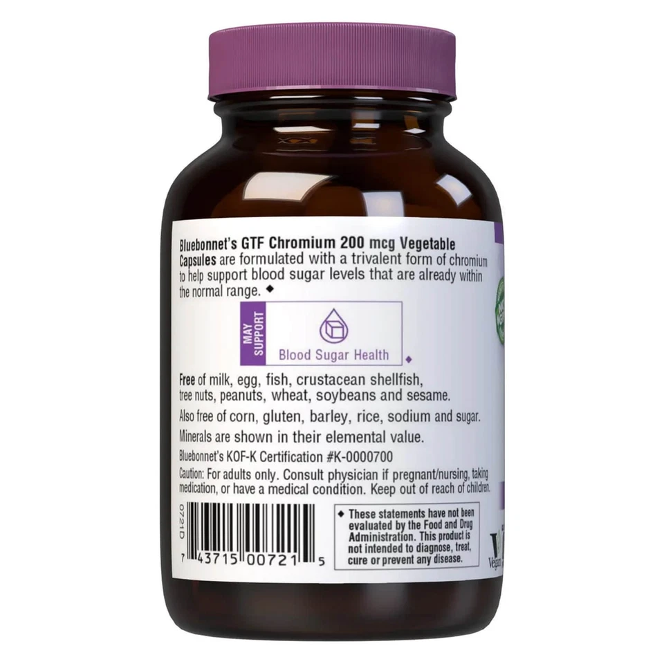 Bluebonnet Gtf Cromo 200 Mcg 100 Cápsulas Vegetales, Metabolismo Saludable de la Glucosa Foto 3 de 4