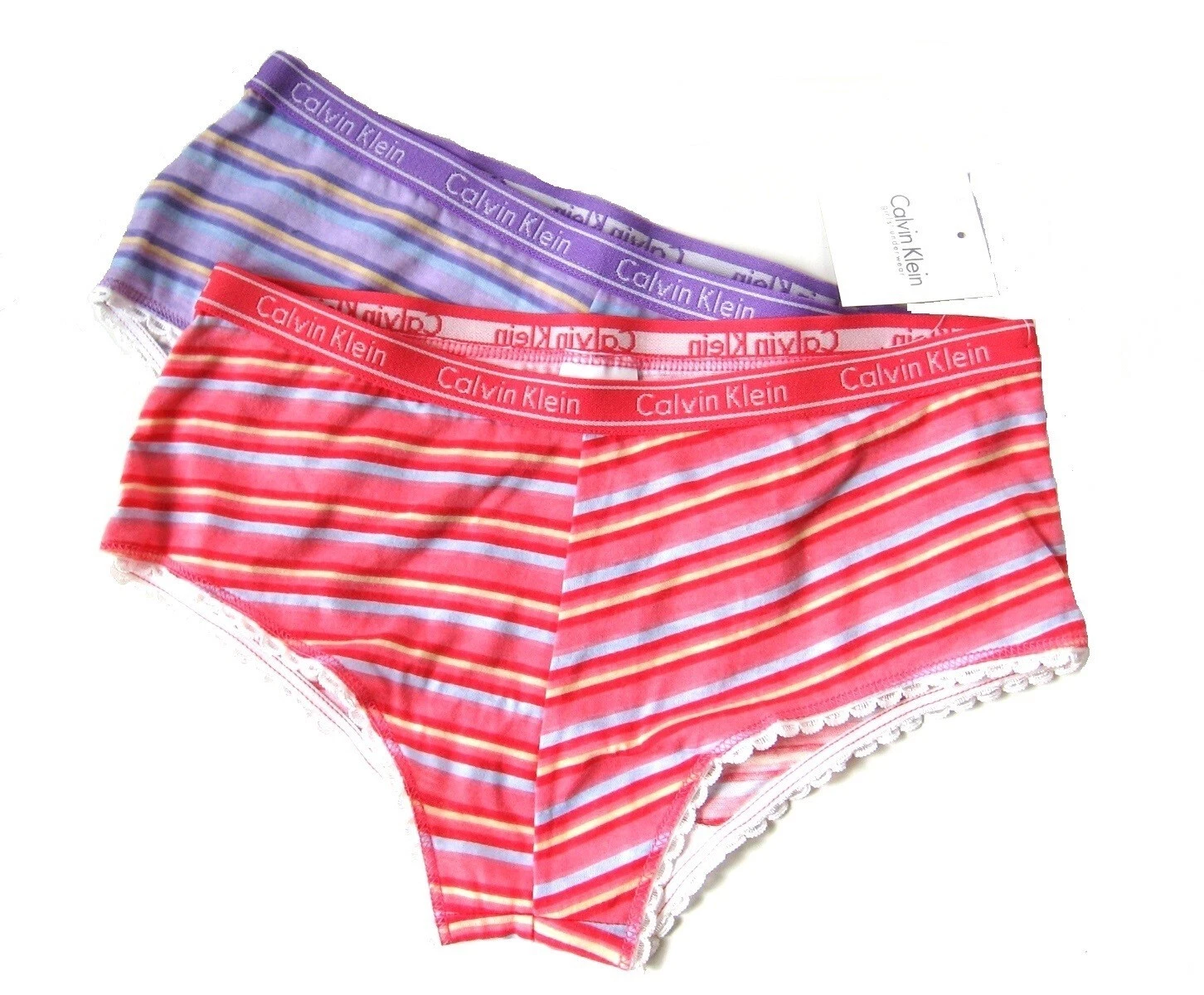 www.prominentresults.com :A414 Calvin Klein NEW Girl's Coral Lilac Striped Pure Cotton Knit Hipster 2-Pack