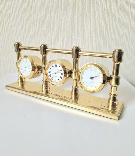 Vintage Heavy Solid Brass Triple Guage Clock Desk Hygrometer Weather Station - Picture 2 of 14