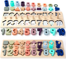 Montessori Wooden Number Puzzle, Shape Sorting Counting Game Toddlers 3-5 Years