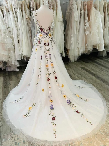Wedding Dress Boho Fairy A-Line Florals Rustic Country Bridal Gowns Tulle Bride - Picture 4 of 12