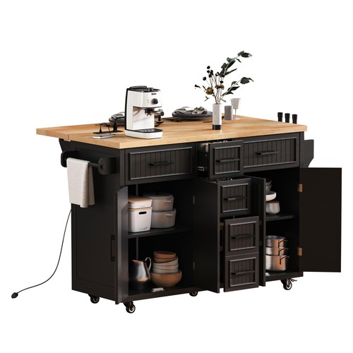 56.5''Rolling Kitchen Island w/Drop Leaf, Power Outlet, Embossed Vertical Stripe - Picture 23 of 48
