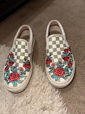 VANS DX LEATHER SAGE GREEN CHECKERED Embroidered ROSES SLIP on sneaker Size 6