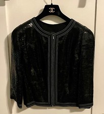 NWT CHANEL 13C BLACK SEQUIN EMBELLISHED CROPPED CC LOGO JACKET 3480