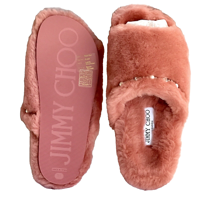 Jimmy Choo Acinda Shearling Flat Slides/ Slippers Blush Crystal