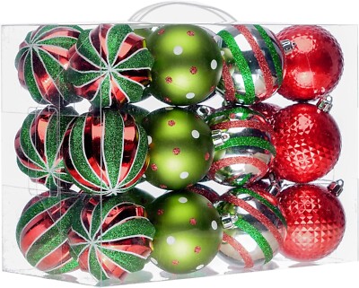 Valery Madelyn Xmas Ornaments Set, 24Ct 70mm Joyful Red Green White Shatterproof