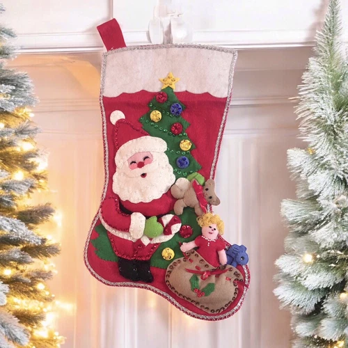 Bucilla Vintage 18" Felt Christmas Stocking Finished Completed Santa Toy Bag
