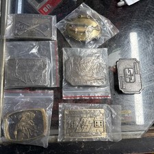 Lot of 7 vintage Belt Buckles Brass NRA Fish Dogs Outdoors Free Shipping