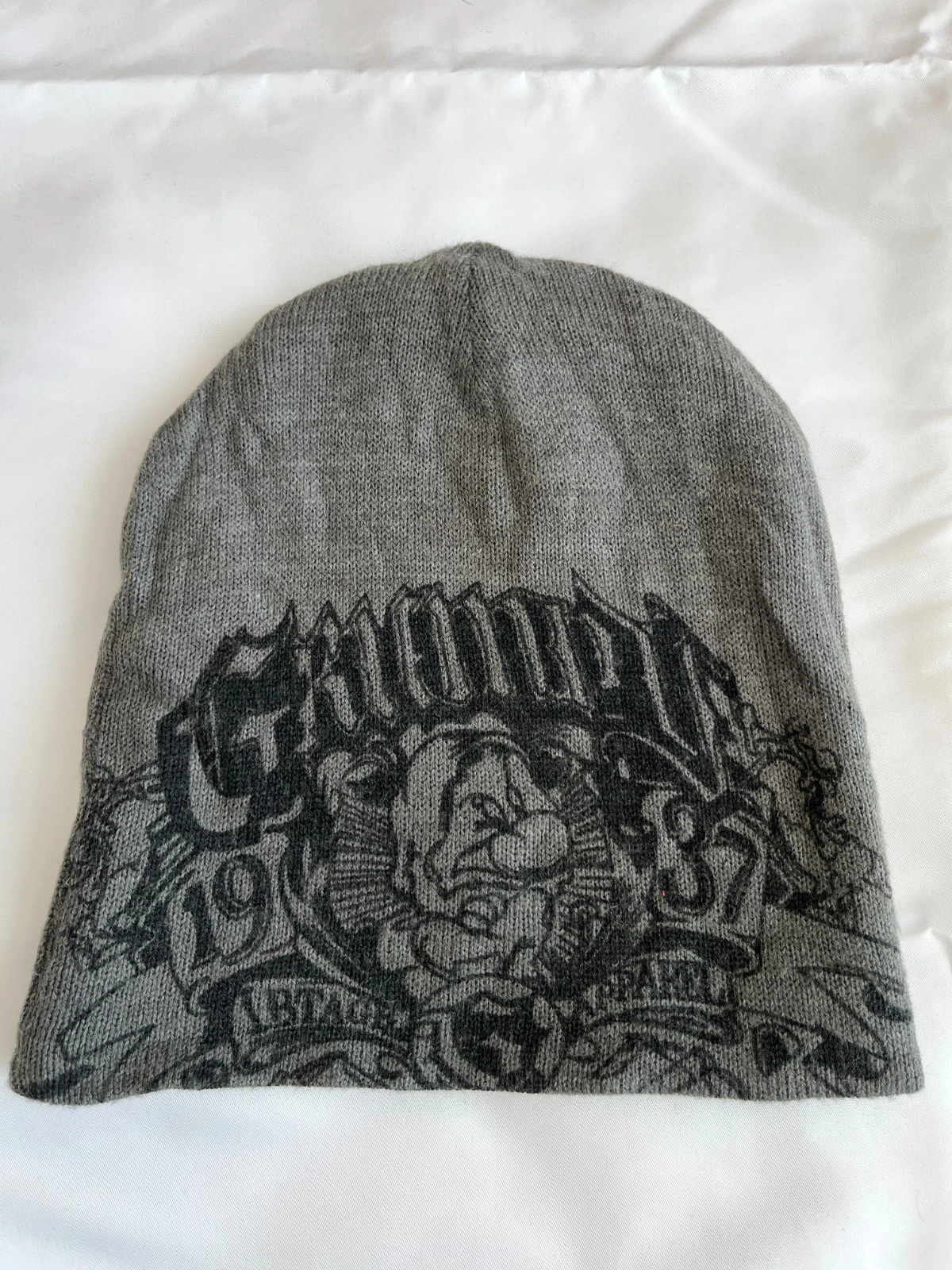 Grumpy Reversible Knit Beanie Hat Gray Plaid Embroidered Logo One Size Mens