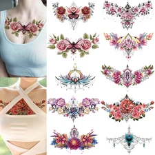 Chest Underboob Temporary Tattoo for Women, 10-Pack Large Floral Fake Realistic