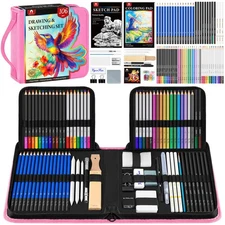 106 PCS Art Supplies Sketching Kit, Pro Drawing Pencils with 3-Color Sketchbo...
