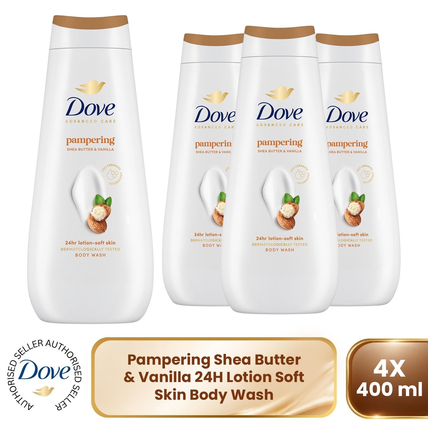 Dove Advanced Care Pampering Body Wash 24H Renewing Micromoisture, 4x400ml