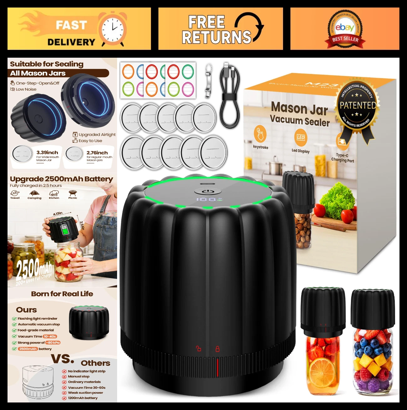 Upgraded Electric Mason Jar Vacuum Sealer Kit - Automatic Food Storage Pump, Wid