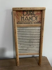 Dubl Handi Washboard Vintage Wooden & Metal Travel Size Columbus Co. 18”x8.5”