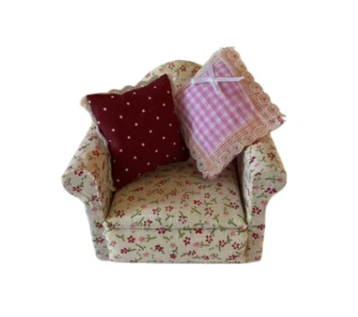 Dolls House Miniature 1:12th Scale Floral Armchair With Two Cushions, Furniture. - Image 1 of 3