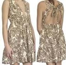 House Of Harlow 1960 Women's XS Deep V Neck Mini Dress Linen Beige Open Back