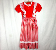 Vintage Kids Dress 7 M Red Gingham Girl Child Rayon Cotton Lace Eyelet Ruffle