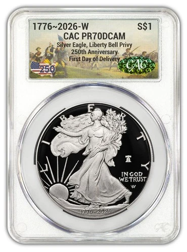 2026 W Silver Eagle Liberty Bell Battlefield 250 Privy FDD CAC PR70 (1776–2026)