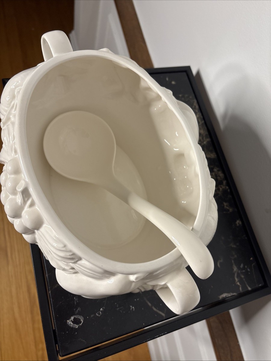 Vintage Over & Back White Ceramic Embossed Fruit Design Soup