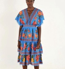 Farm Rio Tropical Floral Tiered Midi Dress XS Embroidered Lace Cotton NWT