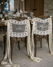 Just Married Wedding Chair Signs Set of 2, Sheer Lace for Bride and Groom