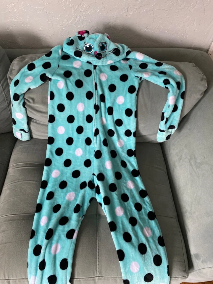 JUSTICE Leopard Cheetah Cat Fleece Footed One Piece Hooded Blue PJ PAJAMAS Sz 14 - Image 2 of 4