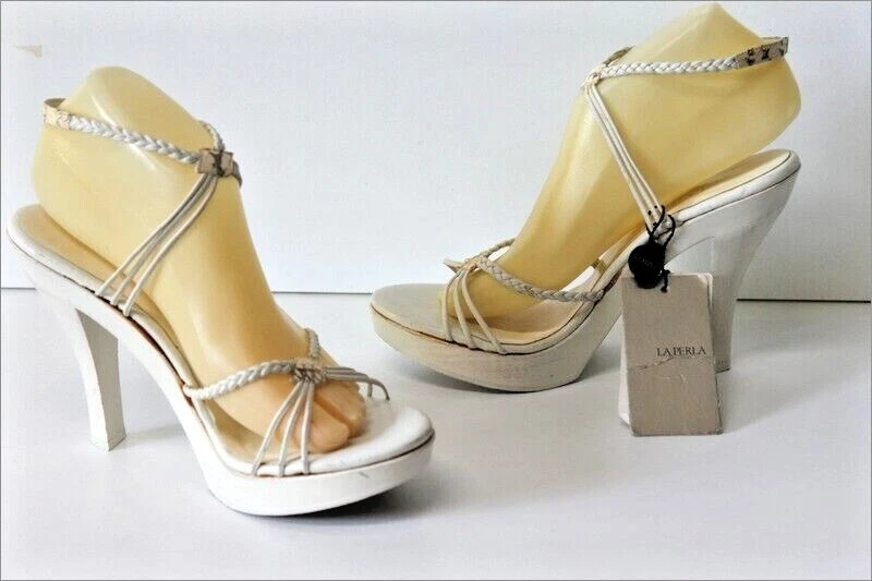 LA PERLA leather sandals linen and wood high heels size 39 TBE