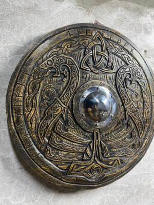 24'' Medieval Wooden Norse Carving Celtic~Ornament Battle Viking Round Shield