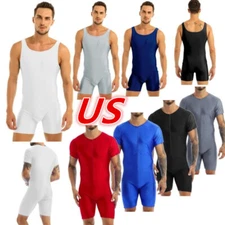 US Mens Spandex Leotard Bodysuit Zipper Short Sleeve Boyshorts Biketard Jumpsuit