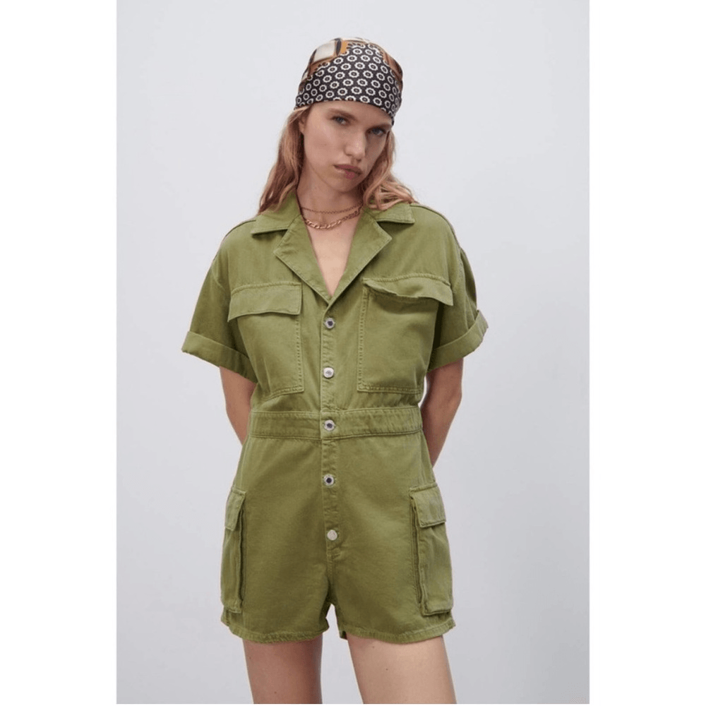 Zara Safari Utility Playsuit Romper Olive Green XS