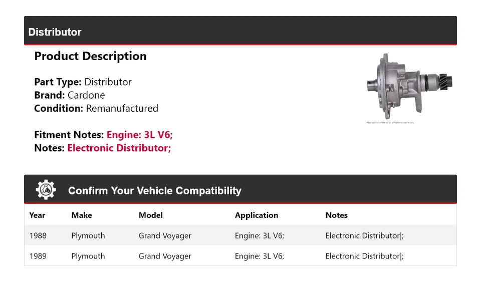 For 1988-1989 Plymouth Grand Voyager 3L V6 Distributor Cardone - Image 2 of 4