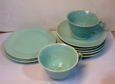 Vintage 50's MCM LU-RAY PASTELS Green Lot of 10 pcs - 2 cups 5 saucers 3 dessert