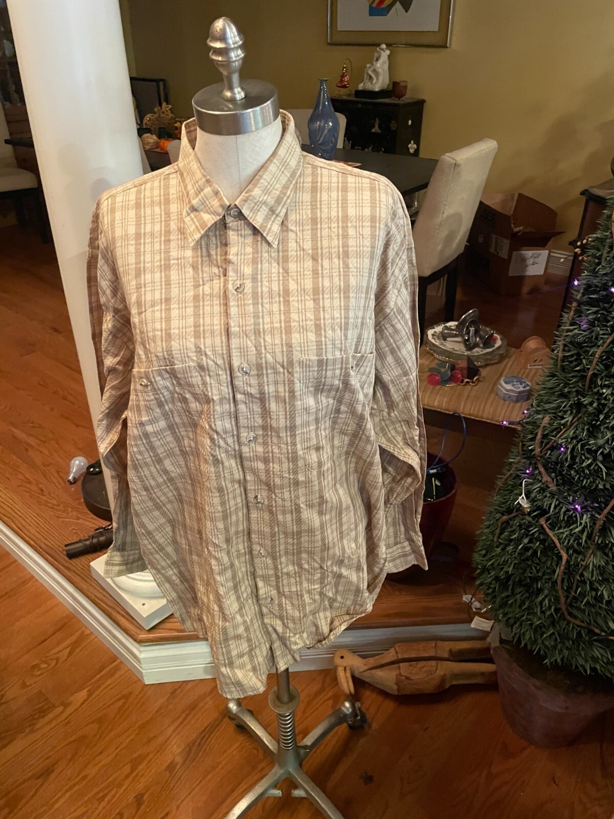 Krizia, Vintage KRIZIA Mens Large LG. plaid Shirt Beige/ Tan Italian design L/S Cotton