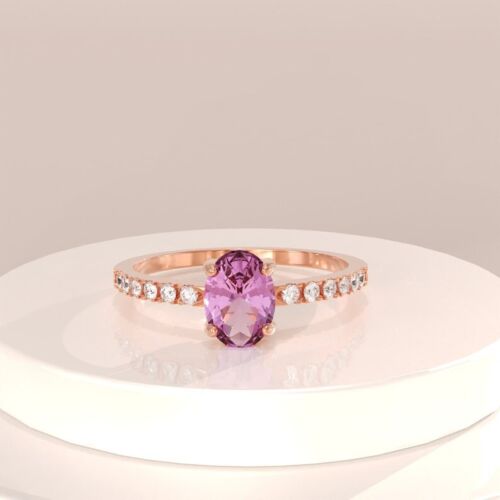 Dainty Oval Cut Natural Amethyst 14K Rose Gold Plated silver Engagement Ring - Picture 1 of 5