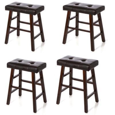 4 Bar Stools 24'' or 29'' High Dark Espresso Wood with Bonded Faux Leather Seat