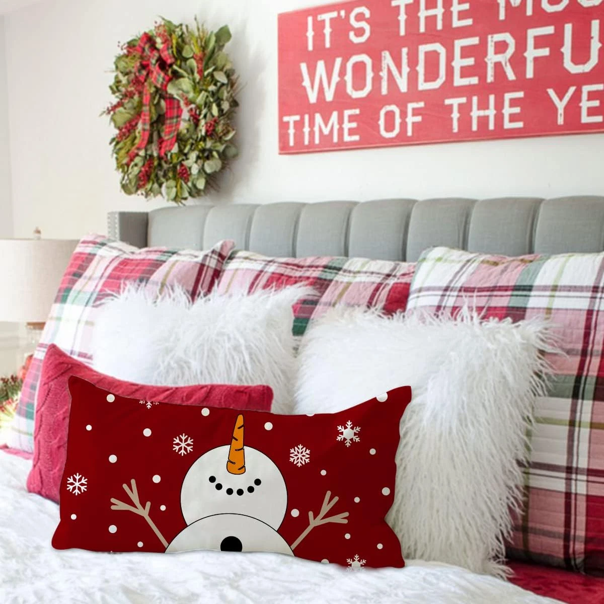 Christmas Snowman & Snowflake Lumbar Pillow Cover