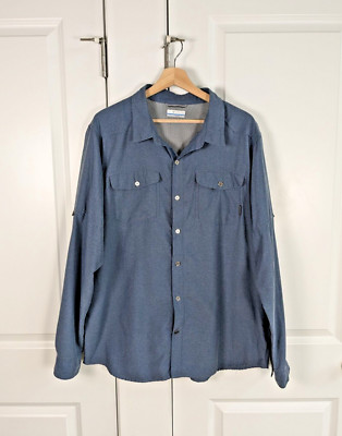 Columbia Shirt Men XL Blue Roll Tab Long Sleeve Omni Wick Ventilated Button Up