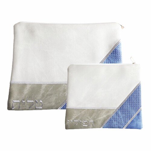 Embroidered Faux Leather Tallit and Tefilin 2 Bag Set Color Block Blue & Grey - Picture 2 of 2