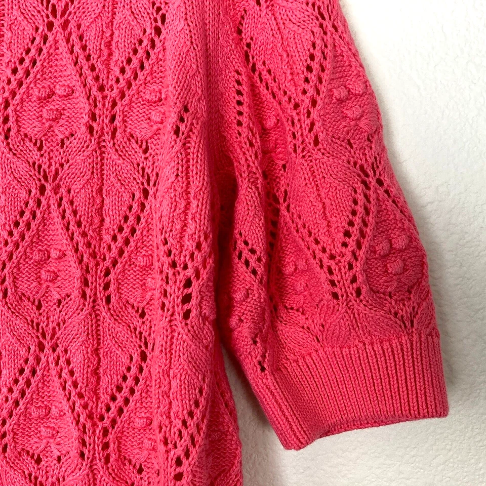 M&S Per Una Open Knit Sweater Women's US S UK M Pink Coral Cotton Short Sleeves - Image 2 of 4