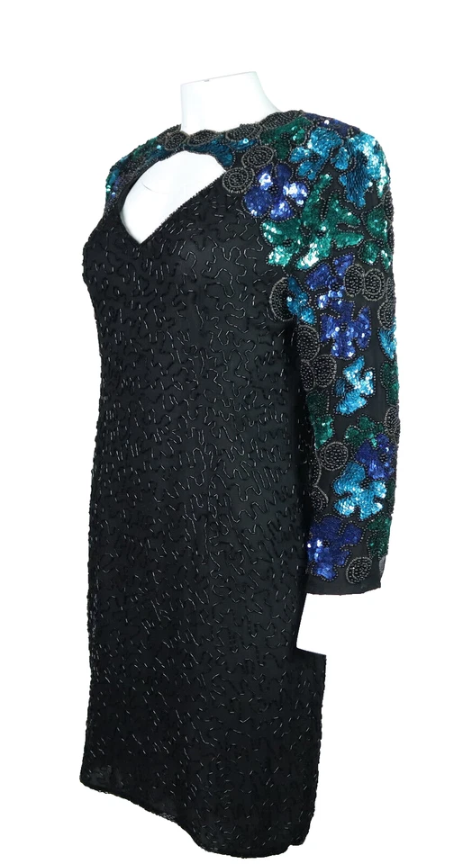 Vtg LA SCALA US Women’s PM MP Black Silk Beaded Evening Party Dress Open Front - Image 2 of 4