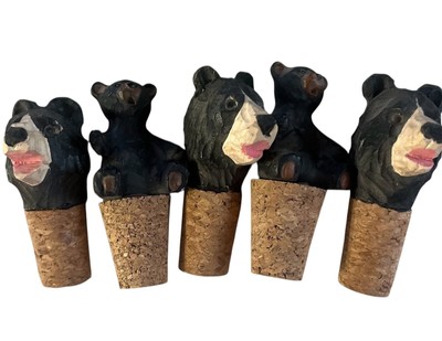 Hand-Carved Bear Wine Bottle Stoppers Set
